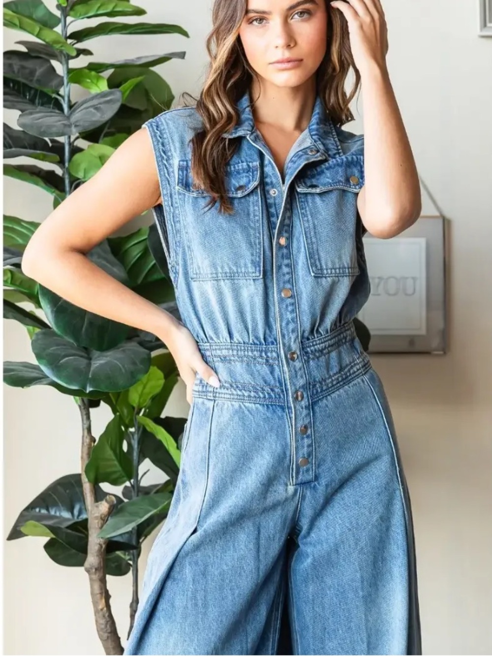 Women's Sleeveless Denim Jumpsuit - Light Blue